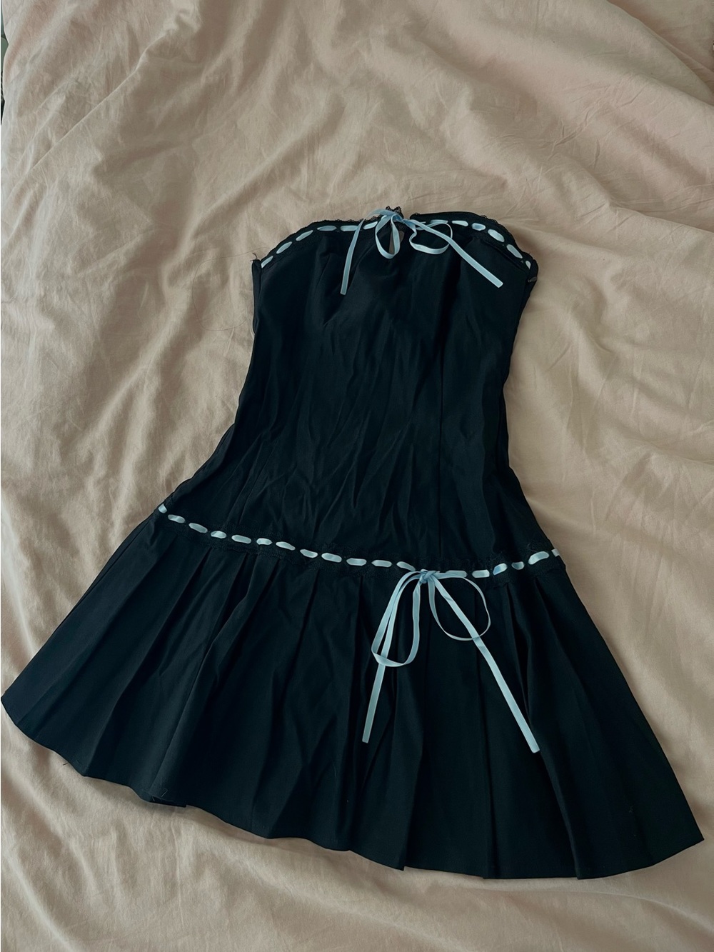 Motel Strapless Black Dress with Light Blue Trim